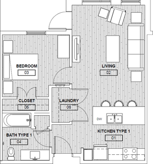 1A(a) - One Bedroom / One Bath - 646 Sq. Ft.*