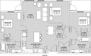 3B(b) - Three Bedroom / Two Bath -adaptable unit- 1261 Sq. Ft.*