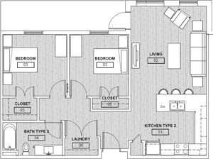 Flexible Floorplan - Two Bedroom / One Bath - 925 up to 1005 Sq. Ft.*