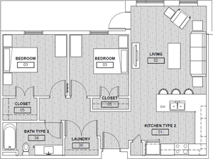 Flexible Floor Plan - Two Bedroom / One Bath - 925 - 1,005 Sq. Ft.*